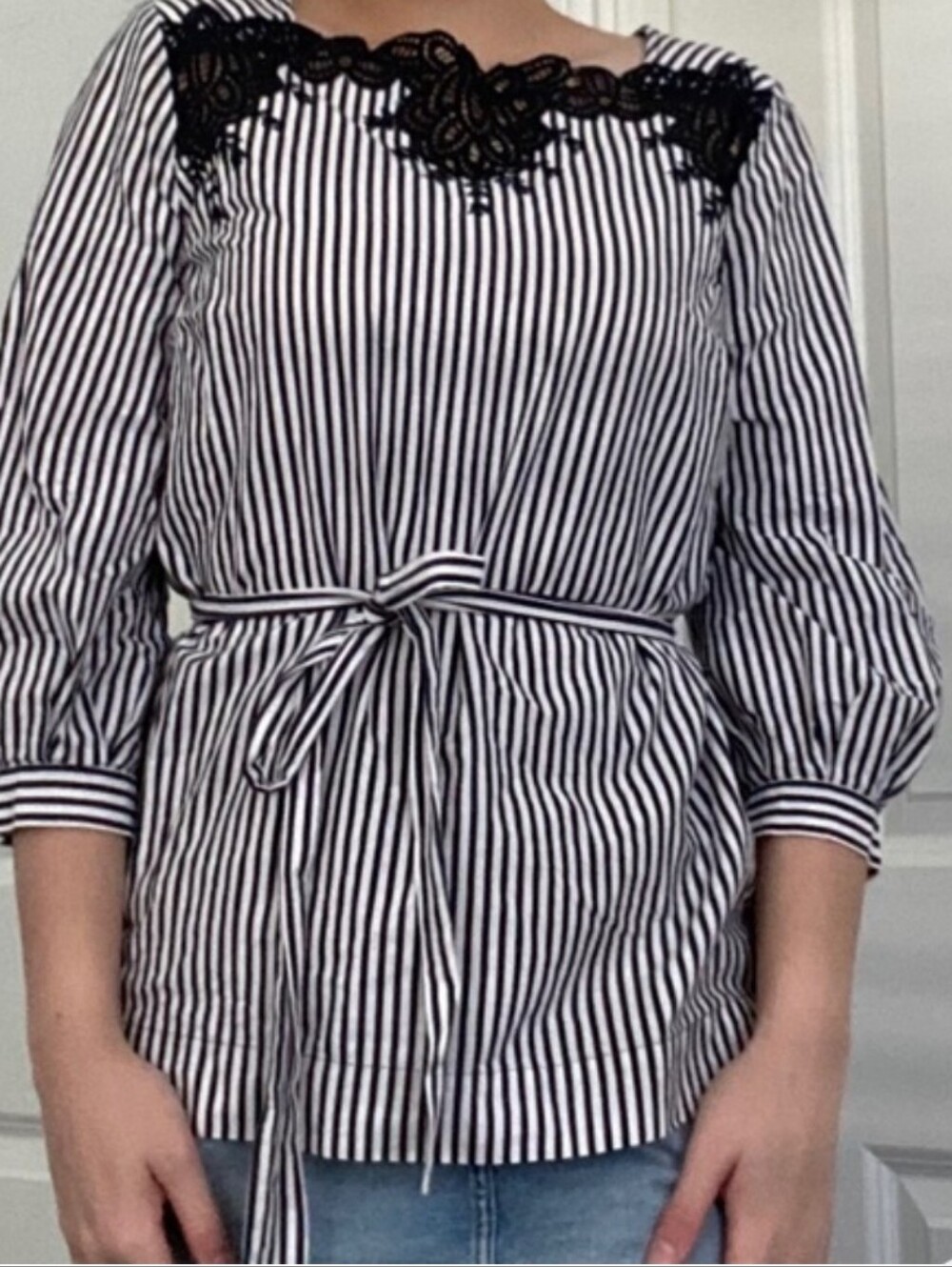 The Limited Black & White Striped Lace-Yoke Blouse